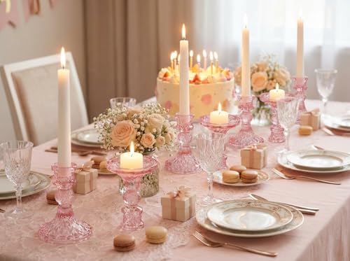 Glass Candle Holder Set of 12, Pink Taper Candle Holders Bulk, Vintage Candlestick Holders, Candle Stick Holder for Table Centerpieces, Wedding & Mother's Day - color: Pink