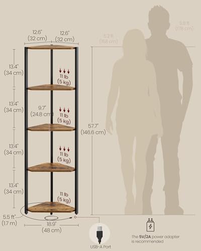VASAGLE Corner Shelf Stand with LED Lights, 5-Tier Corner Bookshelf, Storage Shelf with Steel Frame, 9.8 x 18.9 x 57.7 Inches, for Living Room, Bedroom, Study, Rustic Brown ULBC590K01 - color: Rustic Brown