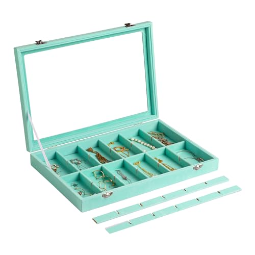 Frebeauty Jewelry Organizer Tray with Clear Lid 24 Grid Velvet Drawer Insert Jewelry Storage box with Transparent Glass lid Jewelry Display Case with Lock Gifts for Girls Women (Turquoise, 24 Grid) - color: Turquoise, size: 24 Slots