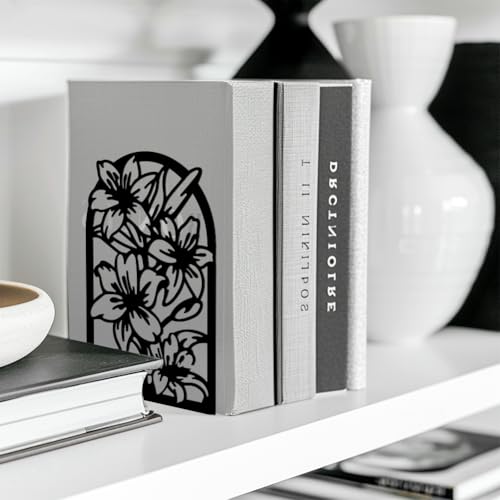 Peacoblue Metal Bookends for Shelves, Modern Decorative Heavy Duty Study Book Support Stoppers for Office, Desk, Shelf, Room 5.3"x4.3"x7.9" Cast Iron Simple Tall Bookends, 1 Pair (Lily Flower) - style: Lily Flower