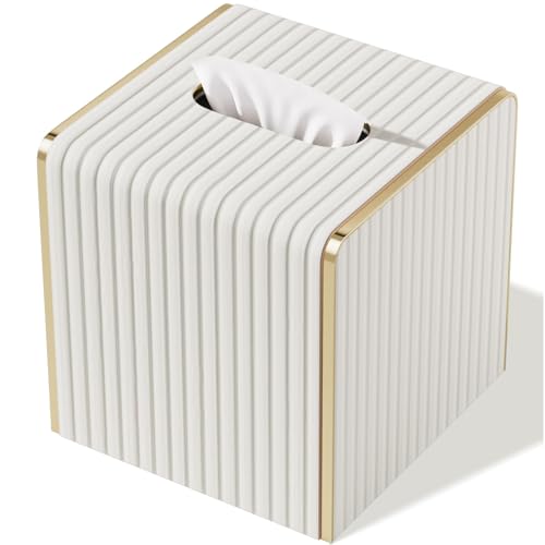 Tissue Box Cover,White Square Leather Tissue Box Holders with Gold-Tone Edging Decoration, Tissue Vessel for Bathroom Toilet Bedroom Living Room Table Desk Office,Modern Home Decor - color: Cream White, size: Square Standard