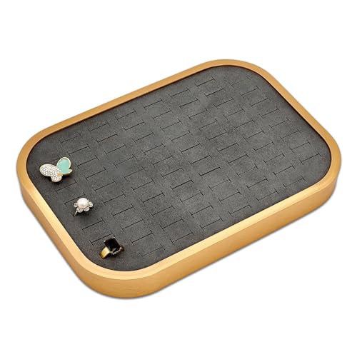 TheDisplayGuys - Aluminum Jewelry Organizer Display Tray - Faux Suede Insert - 76 Ring Holder Slots - Gold/Grey - color: Grey Suede, size: Ring Slots - 76, style: Aluminum - Gold