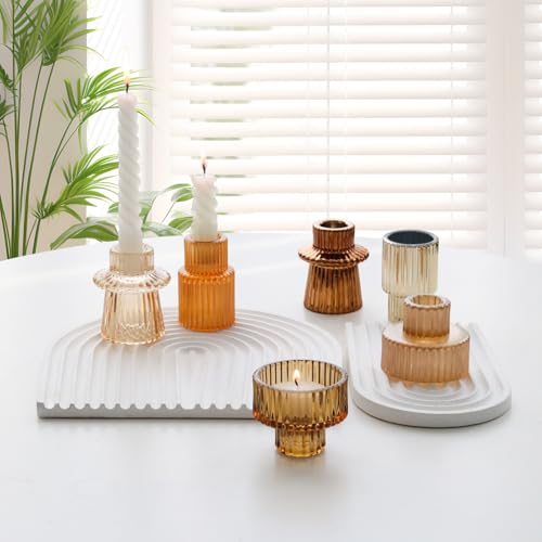 Gold Candlestick Holders 6PCS for Tealight Candle Stick Candles, Ribbed Glass Taper Candle Holders Set Table Centerpieces for Thanksgiving Christmas Farmhouse Decor Indoor and Outdoor - color: Gold