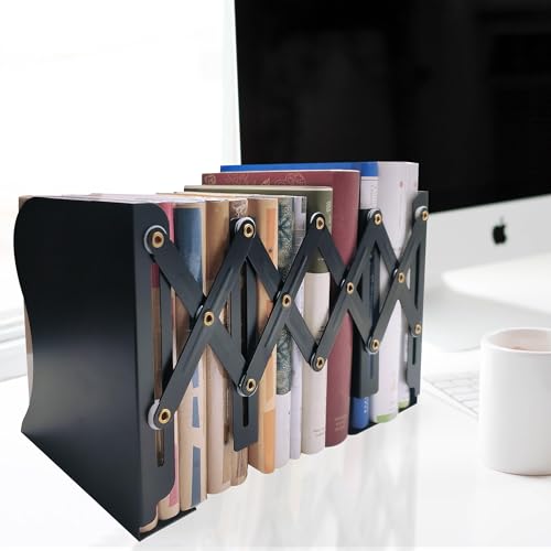Metal Bookends, Book Ends for Heavy Books, Adjustable Book Holder for Shelves, Book Stopper for Home/School/Office, Extends up to 19 inches, Black - color: Black-new