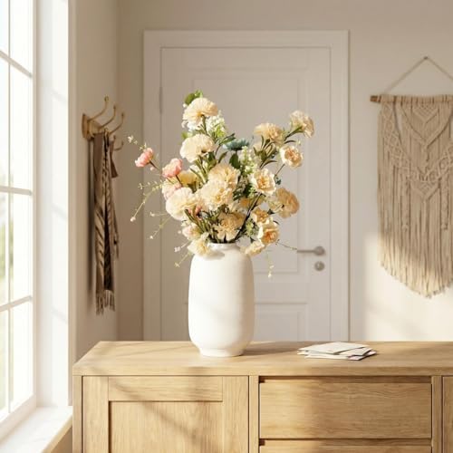 White Ceramic Flower Vase Home Decor - Large Tall Farmhouse Table Vases Rustic Living Room Kitchen Bedroom Decorations for House Book Shelf Office Coffee Desk，Hand-Made Textured Surface (10.8“ H) - color: White-10.8"tall, size: 10.8"-Cylinder
