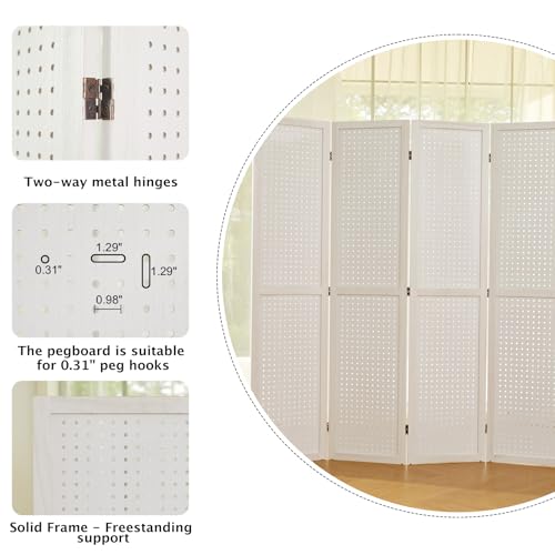 Room Divider Freestanding Folding Pegboard Privacy Screen 4-Panel Display Stand for Jewelry Craft Shows Retail Natural Wood Portable Space-Saving - color: Salt White, size: 4 Panels