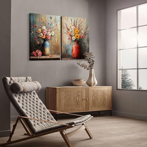 2pcs Framed Canvas Painting Wildflowers Vintage Floral Vase Butterfly Wall Decor For Living Room Bedroom Studio Hallway Country Farmhouse Style Wall Art Poster Ready To Hang 12x16 Inch - color: Yellow White, size: 12"x16"