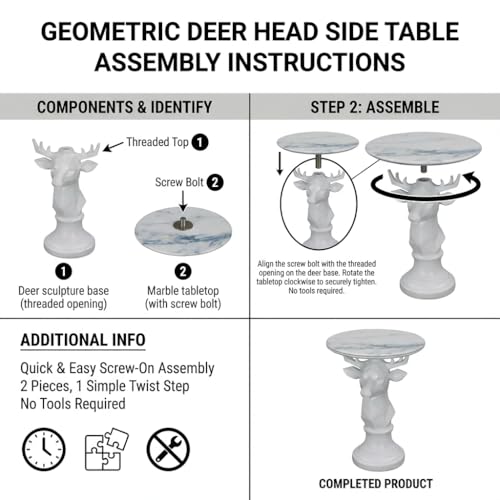Deer Side Table for Living Room - 20" Faux Marble Top Accent End Table with Hand-Carved Resin Deer Statue Base - Modern Round Bedside Table for Bedroom, Patio, Entryway,Gift - Tool-Free Setup - color: White Deer