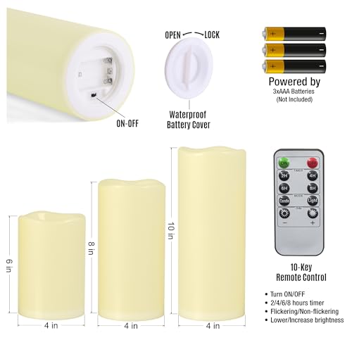 6" 8" 10" x 4" Ivory Large Waterproof Outdoor Flameless Candles Battery Operated LED Flickering Pillar Candles with Remote and Timer for Indoor Outdoor Lanterns, Long Lasting, Set of 3 - color: Ivory