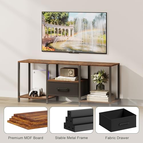 JARHETUN TV Stand with Fabric Drawer for 55 Inch TV, Entertainment Center with Open Shelves, Media TV Console Table for Living Room, Bedroom, Rustic Brown - color: Rustic Brown, size: 46.1 Inches