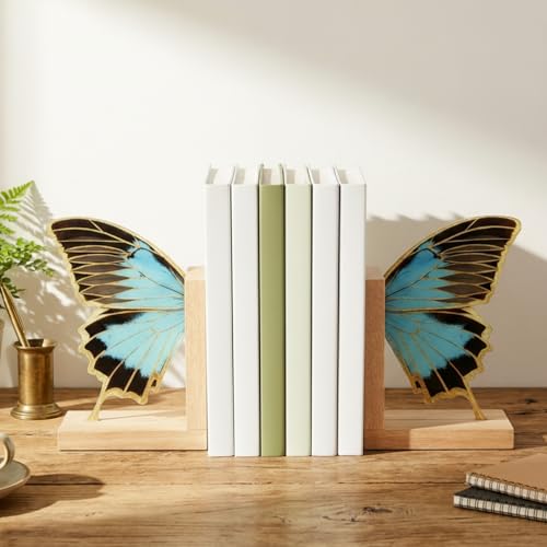 Decorative Butterfly Bookends Wooden Acrylic Butterflys Bookend Modern Bookshelf Decor Accent Book Stopper Decor for Home Farmhouse Shelves Office Lover Gift(Blue Butterfly) - style: Blue Butterfly