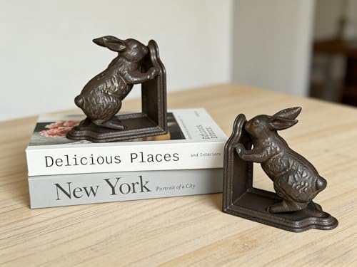 2 PCS Rabbit Decorative Bookend Set Cast Iron Vintage Heavy Duty Book Ends for Shelves for Home Bunny Bookends (Iron Brown Rabbit) - color: Iron Brown Rabbit