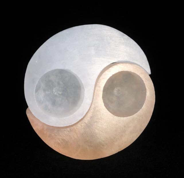 Selenite Stone Orange and White Yin Yang Tea Light Candle Holder, Handcrafted from Morocco