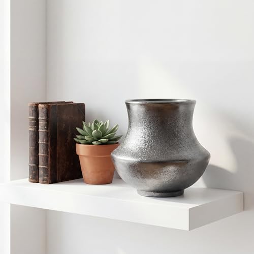 Handmade Small Matte Black Ceramic Vase,Ndustrial Farmhouse Style, Rustic Textured Vase for Home Decor,Ideal for Pampas Grass,Dried Flowers,Living Room, Bedroom Shelf Table 5.5IN（Silver Metal ）