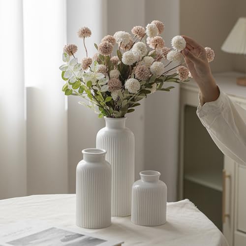 Large Modern Ceramic Vase Set, White Ribbed Matte Design, 10 Inch Tall, 4 Inch Width, 3-Piece Decorative Vases for Home, Living Room, Office (XL Matte Glaze White) - color: XL Matte Glaze White