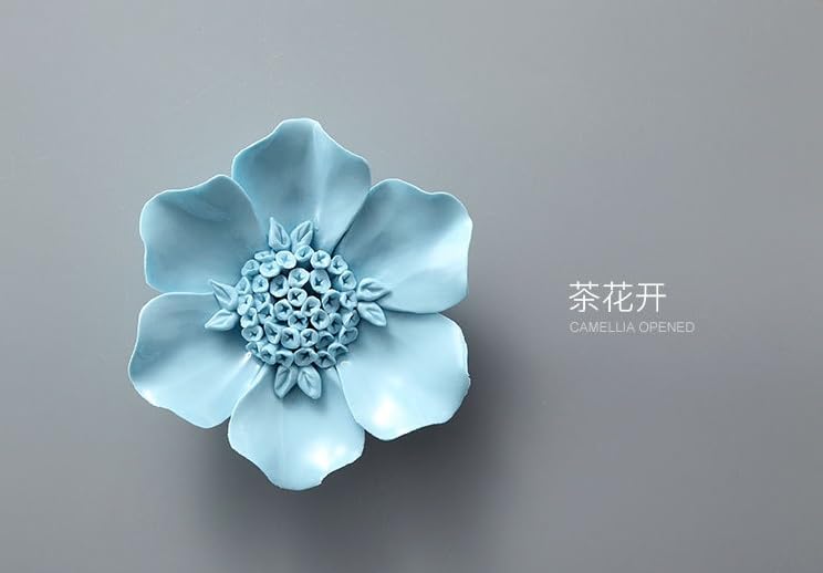 AMERRY Ceramic Flower Wall Art, Artificial 3D Flower Wall Art，Handmade 3D Wall Art Hanging Sculpture，Handmade Porcelain Flower Wall Décor for Home Office Decor (Blue,Bloom Camellia,4.33") - color: Blue,Bloom Camellia,4.33"