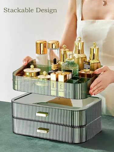 MIUOPUR Makeup Organizer with Stackable Drawers, Bathroom Vanity Organizers and Storage, Ideal for Desk and Dresser Countertops, Great for Cosmetics, skincare, Lipsticks, Nail Care -Green - color: Clear Green, size: Tray and Drawer