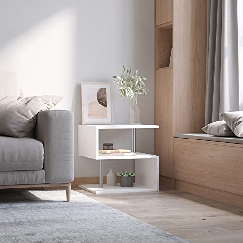 HOMCOM 20" Modern End Table, Accent Side Table, S-Shaped Coffee Table with Storage Shelf and Steel Poles, White - color: White