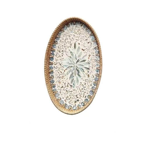 14.5 Inch Serving Tray for Coffee Table Ottoman Décor Tray for Living Room Mother of Pearl Inlay Rattan Centerpiece Tray for Candle Holder, Flower, Coffee, Bread, Fruit (Large)