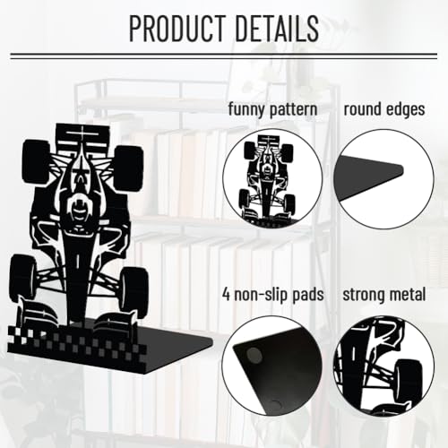 WADORN 1 Pair Racing Car Metal Decorative Bookend for Shelves, Heavy Duty Book Ends Modern Non-Skid Books Holder Stand Black Book Support Stoppers for Desk Bookshelf Office Home, 5.3x4.3x7.8 Inches - color: Racing Car