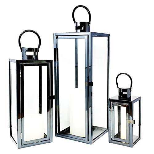 Allgala 3-PC Lantern Set 23 Inch Jumbo Deluxe Modern Indoor/Outdoor Candle Lantern Set Stainless Steel Frame Tempered Glass Rectangular Black for Garden Poolside Fireplace Wedding - color: Cuboid Black