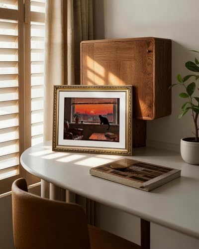 HUARCEY Vintage Sunset Black Cat Artwork 13''x16'' Canvas Print, Ornate Gold Framed Wall Art, Moody Aesthetic City Window View Quiet Moment Decor for Home Living Room Bedroom Study Office - color: Cat Watching, size: 16"L x 13"W