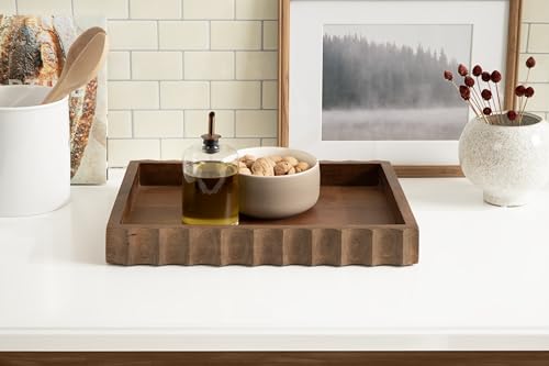 Kate and Laurel Lissi Decorative Rectangle Tray with Wavy Design; 16 x 12; Walnut Brown; Mid-Century Modern Scalloped Serving Tray for Coffee Table Ottoman; Dining Table; or Entryway Catch-All Tray - color: Walnut Brown
