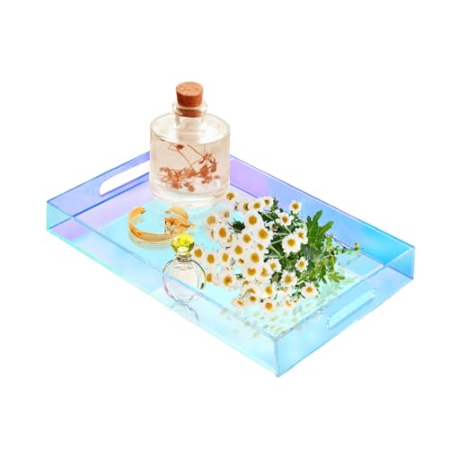 SetGame Acrylic Serving Tray with Handles, Bathroom Desktop Decorative Storage Arylic Trays, Simple Vanity Tray Food Tea Fruit Dinner Snack Tray for Bar Kitchen Party - color: Iridescent