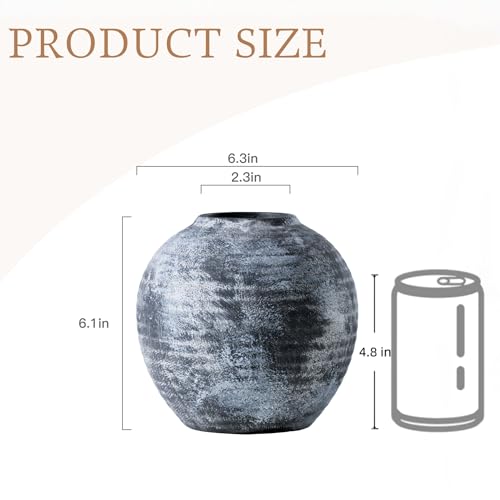 Lvases Farmhouse Rustic Ceramic Vase, 6.5 inch Gray-White Handcrafted Weathered Stone Pottery Terracotta Vintage Vases for Home Decor Living Room Table Shelf Decorative (Round - B) - color: Gray+white, size: 6.5 in X 6.1 in