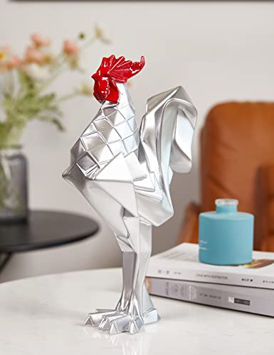 Rooster Sculpture Statue Animal Figurine Modern Decor Art Home Gift for Table Bookshelf Desk Polyresin Silver 12.2 Inch - color: Silver