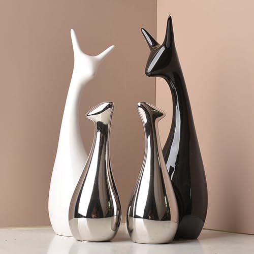 Ceramic Statue,Deer Family Figurines Porcelain(Set of 4),Creative Ceramic Decorative,Crafts Ornaments Home Decor,Memorial Gift for Parents,Suitable for Shelf,Bookself（Black White Silver Deer） - color: Black White Silver Deer