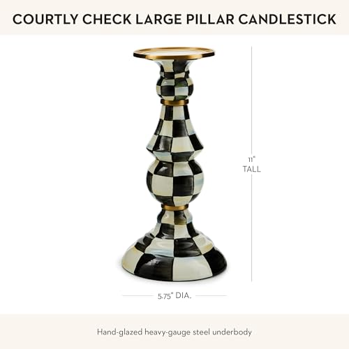 MACKENZIE-CHILDS Courtly Check Enamel Pillar Candlestick, Cute Black-and-White Pillar Candle Stand, Large - color: Courtly Check, size: Large