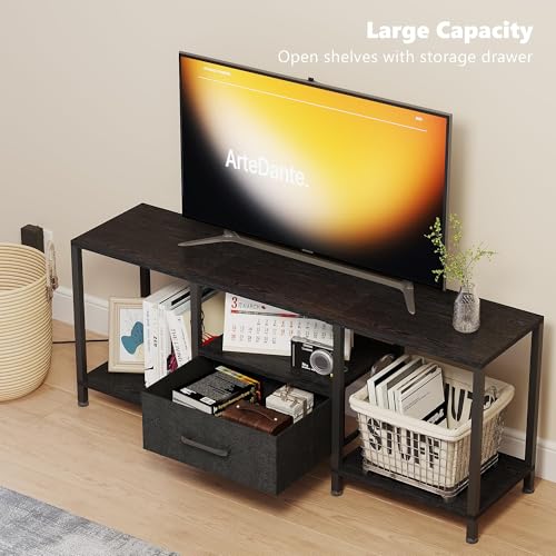 JARHETUN TV Stand with LED Lights, Entertainment Center with Open Shelves and Fabric Drawer, Media Console for 55 Inch TV, Television Stands for Living Room, Bedroom, Black - color: Black With Led Light, size: 46.1 Inches