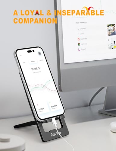 Aoviho Phone Stand for Desk, Ultra-Thin Foldable Aluminum Phone Holder, Portable Travel & Office Cell Phone Stand Compatible with iPhone 17 16 15 14 13 12 Pro Max, Fits 3.7"-7" Devices, Black - color: Black