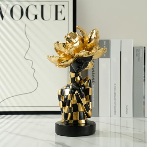 Lescafita African Woman Sculpture with Golden Flower Headpiece – Black and Gold Resin Figurine for Home Decor, Elegant African Lady Statue, Modern Ethnic Art Ornament, Gift for Women - color: 104-gold