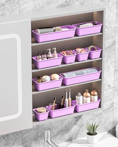 Canfanni 13 Pack Plastic Drawer Organizers Set, 3 Sizes Desk Drawer Organizer Trays for Vanity and Makeup Organizer, Organization and Storage for Makeup, Kitchen Utensils, Bathroom and Office(Purple) - color: Purple