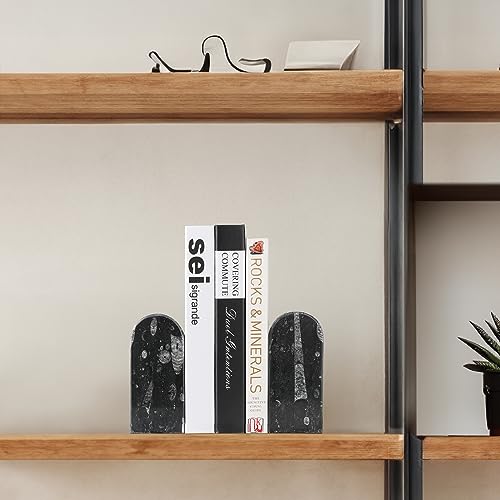 Koville Moroccan Natural Marble Bookends for Shelves, Decorative Book Ends, 7lbs Heavy-Duty Marble Book Holders, Bookshelf Apartment Decor for Normal Books/CD/Video Games(Black Fossil) - color: Black Marble-black Fossil, size: 7lb