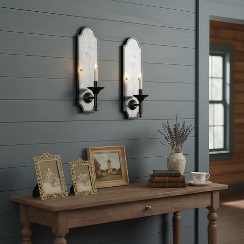 Vintage Wall Sconce Candle Holder, Black Bronze with Galvanized Metal Backplate, 16.14x4.92 Inch, Decorative Wall Mount, 2-Pack