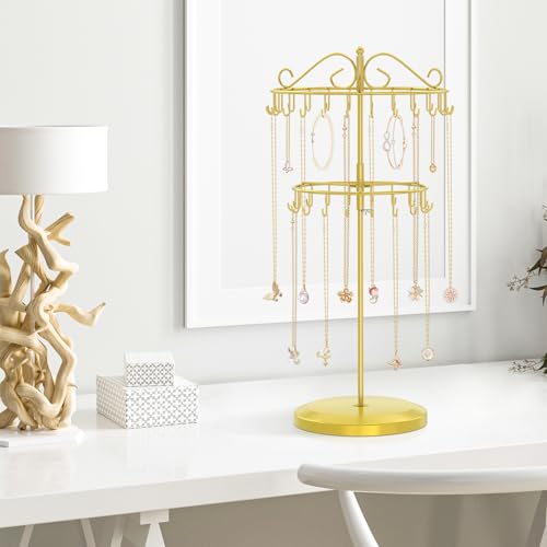 iDavosic.ly 2 Tier Rotating Necklace Holder Organizer with 42 Hooks, Adjustable Metal Bracelet Display Stand Rack, Extra Tall Keychain Spinning Tree Tower for Women, Gold - color: Gold