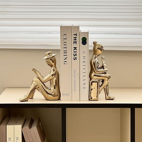 Decorative Book Ends Ceramic Bookends for Shelves, Home Office Decor Aesthetic Statues Book Stopper for Bookshelf Table Bedroom Living Room Decoration (Gold) - color: Gold