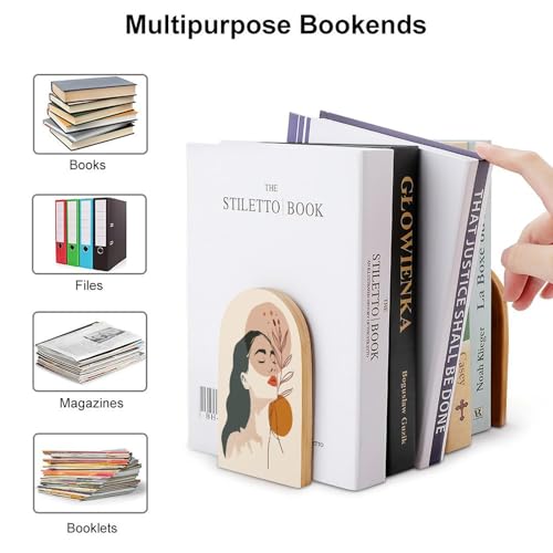 Minimal Boho Illustration Wooden Bookends Shelves 2 PCS Woman Plain Sturdy Book Holders Desktop Organizer for Home Office Libraries - color: Color-6