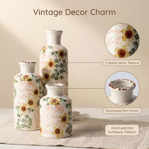 Vintage Ceramic Flower Vase Set of 3, Rustic Farmhouse Vase for Home Decor, Distressed Decorative Vase for Table Entryway Mantel Centerpiece Living Room Bathroom Bedroom (Sunflower Crackle) - color: 110-sunflower Crackle