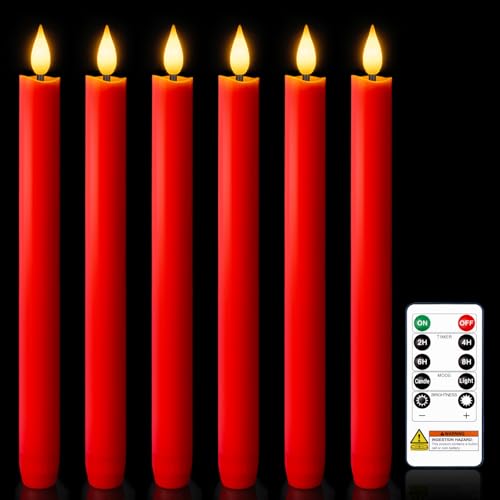 Homemory 6 Pcs Real Wax LED Red Flameless Taper Candles with Remote Timer, 9.6 Inches Fake Candlesticks, Dripless Battery Operated Window Candle with 3D Flickering Flame for Fireplace Xmas Decor - style: Christmas - Red 9.6"