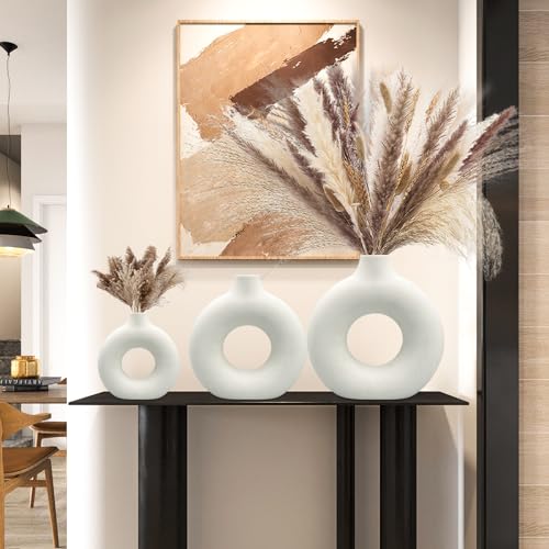 White Ceramic Vases Set 3 for Modern Home Decor,Round Matte Pampas Flower Vases Minimalist Nordic Boho Ins Style for Wedding Dinner Table Party Living Room Office Bedroom, Decorative Gift - color: White, size: Small + Big + Super Large