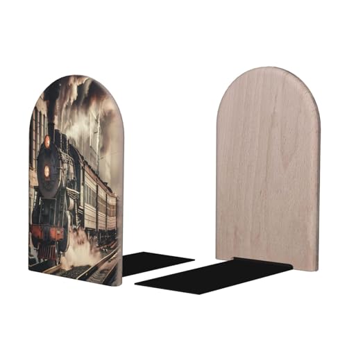 Decorative Bookends 2 Pcs Retro Black Steam Train Wood Bookends for Shelves Heavy Books Kids Non-Skid Book Ends Stoppers for Office Desk Kitchen School - color: Retro Black Steam Train