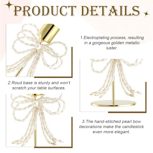 Yungyan Gold & Pearl Bow Candle Holders Set of 2 Metal Taper Candle Stands Vintage Modern Decorative Candlesticks Holders for Dining Table, Wedding, Fireplace, Holiday & Christmas Decor