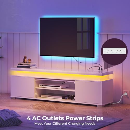 Rolanstar TV Stand with LED Lights & Power Outlet, Modern Entertainment Center for 32/43/50/55/65 Inchs TVs, Table, Universal Gaming Media Stand Storage Cabinet and Large Storage, White - color: White