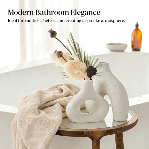 DOWAN Ceramic Vase Set of 2, 7.6" Decorative Pampas Vase for Home Decor, Modern Farmhouse Pottery Vase for Living Room Coffee Table Kitchen Bedroom Desk Entryway Mantel Book Shelf, Soft White