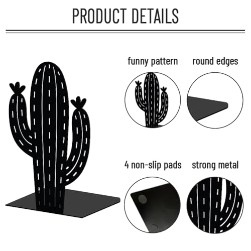 WADORN Cactus Metal Bookends for Shelves Decorative 1 Pair, Cactus Plant Heavy Duty Books End Support Non-Skid Book Holder Black L-Shaped Book Stopper for Home Office Desk Book Divider, 4.7x3.5x7 Inch - color: Cactus