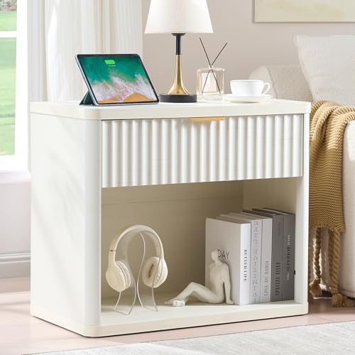 LEYAOYAO 31" Wide Fluted Nightstand with Charging Station, Oversized Extra Large 1 Drawer Night Stand with Golden Handle, White Wood Bedside Table Tall End Tables,for Bedroom, Living Room, Hallway - color: White, size: 1 Drawers
